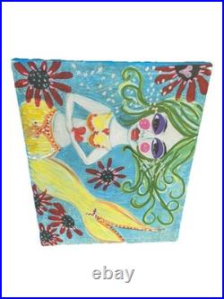 Mermaid Beach Summer Art Original Signed Canvas painting Outsider Folk Art