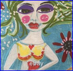 Mermaid Beach Summer Art Original Signed Canvas painting Outsider Folk Art