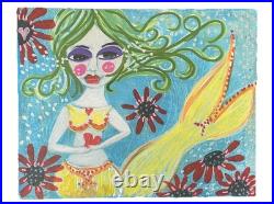 Mermaid Green Hair Painting Beach Outsider Original Art Folk painting