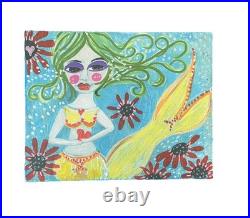 Mermaid Green Hair Painting Beach Outsider Original Art Folk painting