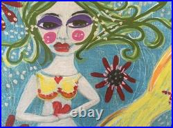 Mermaid Green Hair Painting Beach Outsider Original Art Folk painting