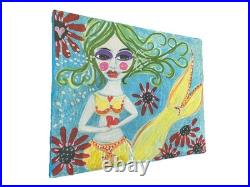 Mermaid Green Hair Painting Beach Outsider Original Art Folk painting