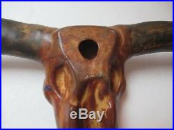 Mexican Folk Art Clay Pottery Hand Painted Cow Skull Longhorn Wall Hanging 41