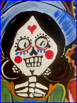 Mexican Folk Art Painting 14 X 18 Day of the Dead Original Signed By Artist