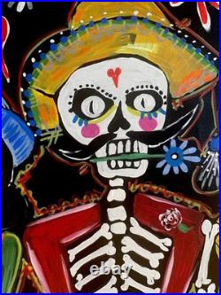 Mexican Folk Art Painting 14 X 18 Day of the Dead Original Signed By Artist