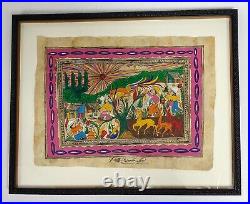 Mexican Folk Art Painting AZTEC Amate Bark Village Life Pablo Nicolas B signed