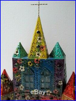Mexican Folk Art Punched Tin Painted Church Figure Corded Lamp Light Lg 23