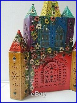 Mexican Folk Art Punched Tin Painted Church Figure Corded Lamp Light Lg 23