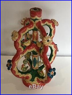 Mexican Folk Art Small Tree of Life Candle Holder Hand-Painted Birds & Flowers