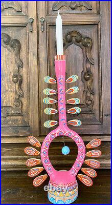 Mexican Folk Art Tree of Life Painted Pottery 16.5 Ceramic Candle Holder
