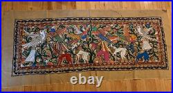 Mexican Folk Art Vintage Hand Painted Burlap Tapestry, Bright Birds, Flowers