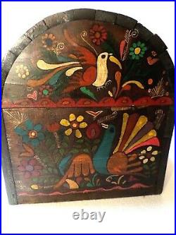 Mexican Folk Art Wood Dowry Chest Baul Box Colonial Furniture Painted Birds 17