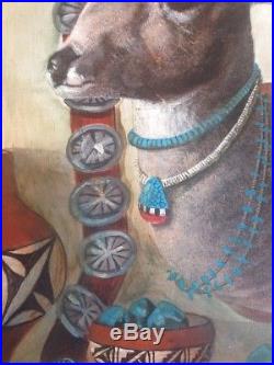 Mexican Folk Oil Painting Hector Aguilar Deer Silver Turquoise Tramp Art Frame