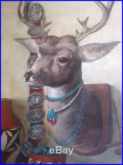 Mexican Folk Oil Painting Hector Aguilar Deer Silver Turquoise Tramp Art Frame