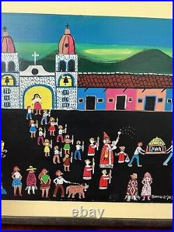 Mexican Oil Painting By Roman Lopez La Fiesta De La Posada Folk Art