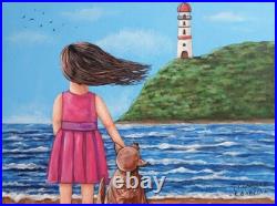 Mexican & Original Folk Art. GIRL AND DOG IN THE BEACH 12x16 Stretched Canvas