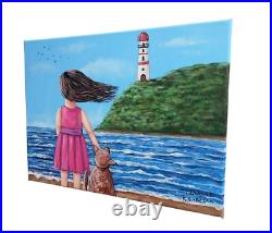 Mexican & Original Folk Art. GIRL AND DOG IN THE BEACH 12x16 Stretched Canvas