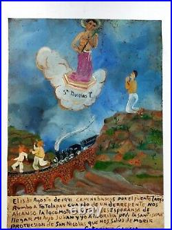 Mexican Retablo Thanks St Nicolas Saved fr Train Wreck Folk Art Ex-Voto Painting