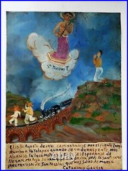 Mexican Retablo Thanks St Nicolas Saved fr Train Wreck Folk Art Ex-Voto Painting