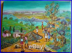 Michel Louis, Collectible Haiti Haitian Artist Folk Oil Landscape Modernism Mod