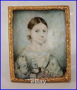 Mid-19thC Miniature Folk Art Portrait Painting Young Girl & Sheet Music