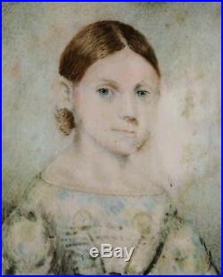 Mid-19thC Miniature Folk Art Portrait Painting Young Girl & Sheet Music