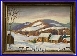 Mid Century 1948 Original Folk Art Winter Landscape Oil Painting Signed Zama Mid Century 1948 Original Folk Art Winter Landscape Oil Painting Signed Zama
