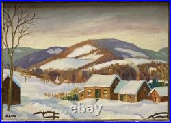 Mid Century 1948 Original Folk Art Winter Landscape Oil Painting Signed Zama Mid Century 1948 Original Folk Art Winter Landscape Oil Painting Signed Zama