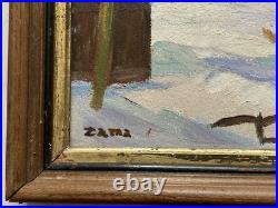 Mid Century 1948 Original Folk Art Winter Landscape Oil Painting Signed Zama Mid Century 1948 Original Folk Art Winter Landscape Oil Painting Signed Zama