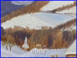 Mid Century 1948 Original Folk Art Winter Landscape Oil Painting Signed Zama Mid Century 1948 Original Folk Art Winter Landscape Oil Painting Signed Zama