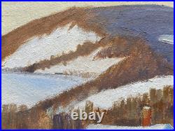 Mid Century 1948 Original Folk Art Winter Landscape Oil Painting Signed Zama Mid Century 1948 Original Folk Art Winter Landscape Oil Painting Signed Zama