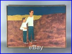 Mid Century Folk Art Modern Father and Son Canvas Painting K. Turner