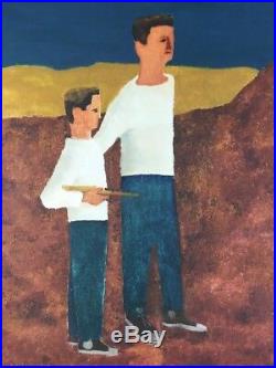 Mid Century Folk Art Modern Father and Son Canvas Painting K. Turner