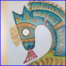Mid Century Horse Painting Jose Maria De Servin Mexican Folk Art Turquoise Vtg