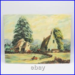 Mid Century Oil Painting Folk Art Pastoral Farm Scene