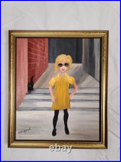 Mid-Century Outsider Art Girl in Yellow Oil on 10x12 Linoleum D. Hayden