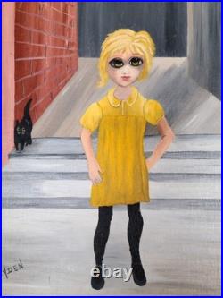 Mid-Century Outsider Art Girl in Yellow Oil on 10x12 Linoleum D. Hayden