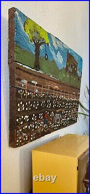 Mid Century Outsider Folk Art Painting on Wood Cotton Farmer Signed Farmhouse