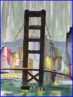 Midcentury Folk Art Painting San Francisco CA California Bridge Signed Bob Mod