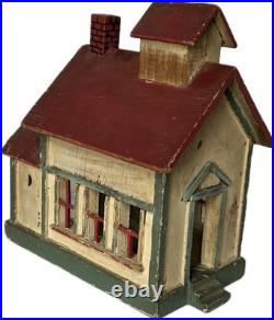 Miniature Antique Folk Art Building Painted Wooden Schoolhouse Penny Bank 1920's