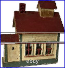 Miniature Antique Folk Art Building Painted Wooden Schoolhouse Penny Bank 1920's