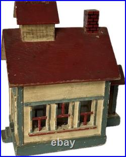 Miniature Antique Folk Art Building Painted Wooden Schoolhouse Penny Bank 1920's