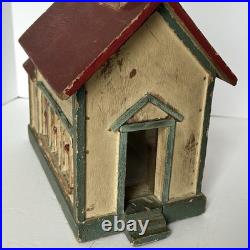 Miniature Antique Folk Art Building Painted Wooden Schoolhouse Penny Bank 1920's
