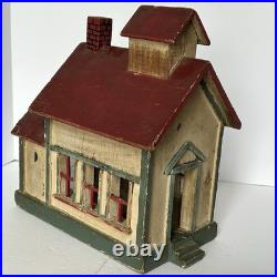 Miniature Antique Folk Art Building Painted Wooden Schoolhouse Penny Bank 1920's