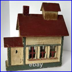 Miniature Antique Folk Art Building Painted Wooden Schoolhouse Penny Bank 1920's
