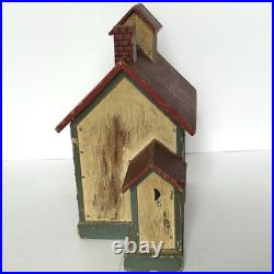 Miniature Antique Folk Art Building Painted Wooden Schoolhouse Penny Bank 1920's