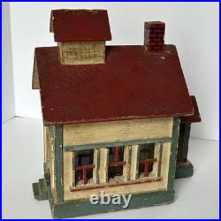 Miniature Antique Folk Art Building Painted Wooden Schoolhouse Penny Bank 1920's