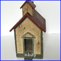 Miniature Antique Folk Art Building Painted Wooden Schoolhouse Penny Bank 1920's