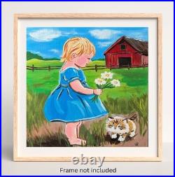 Modern Folk Art Child & Kitten Red Barn Acrylic 12x12 Canvas Panel Original