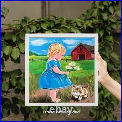 Modern Folk Art Child & Kitten Red Barn Acrylic 12x12 Canvas Panel Original